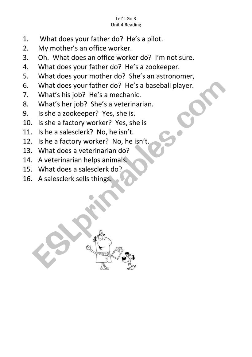 Let�s Go 3, Unit 4 Reading worksheet