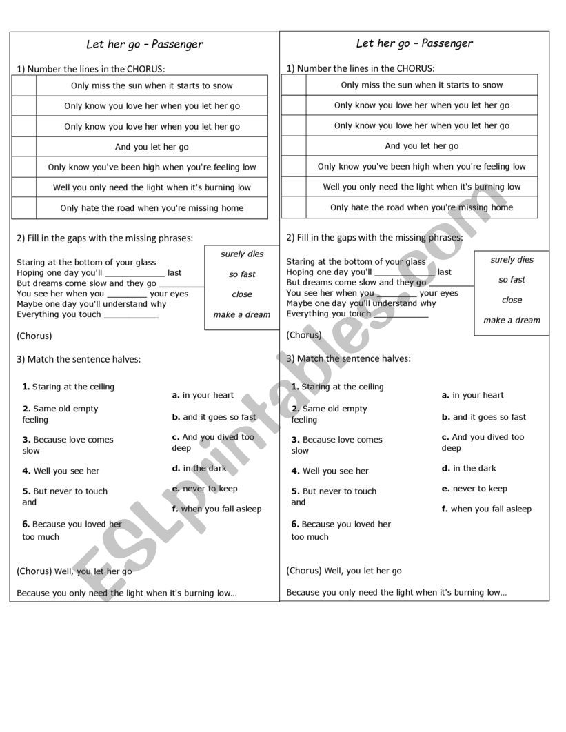 LET HER GO worksheet