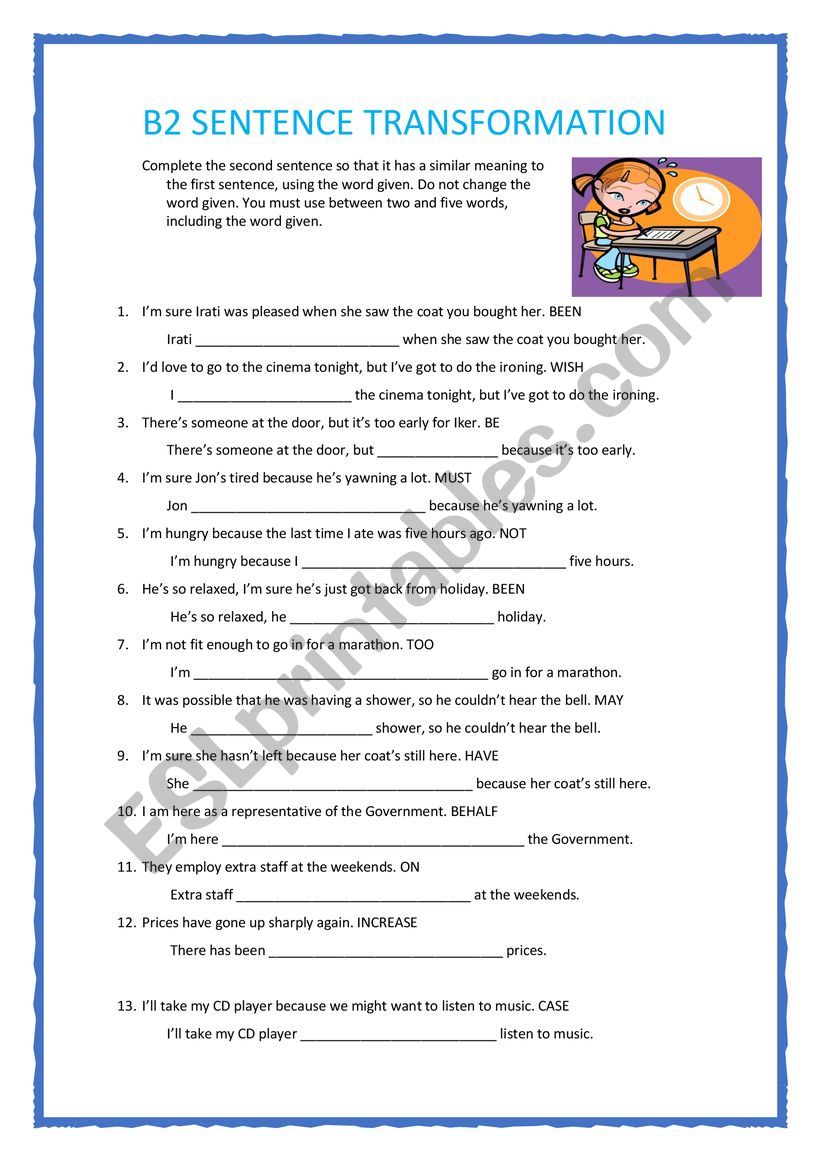 B2 SENTENCE TRANSFORMATION 2 ESL Worksheet By Marianzz