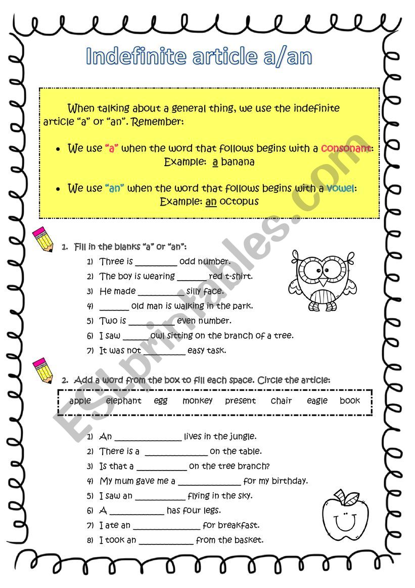 indefinite article a/ an worksheet