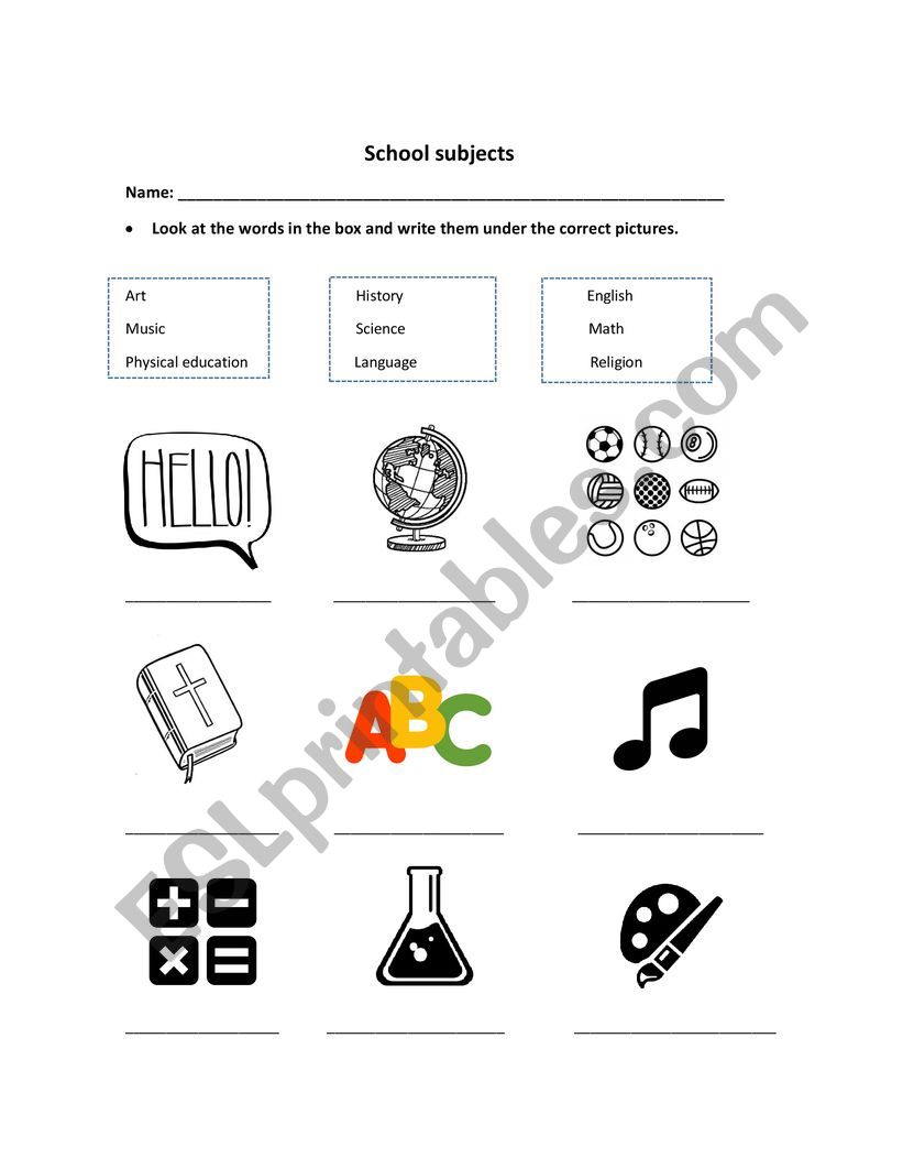 School subjects worksheet