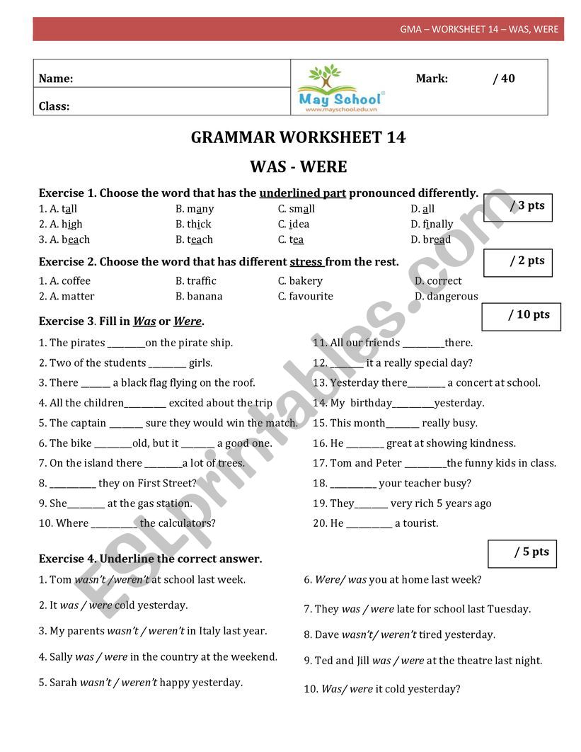 Tobe: Was- were worksheet