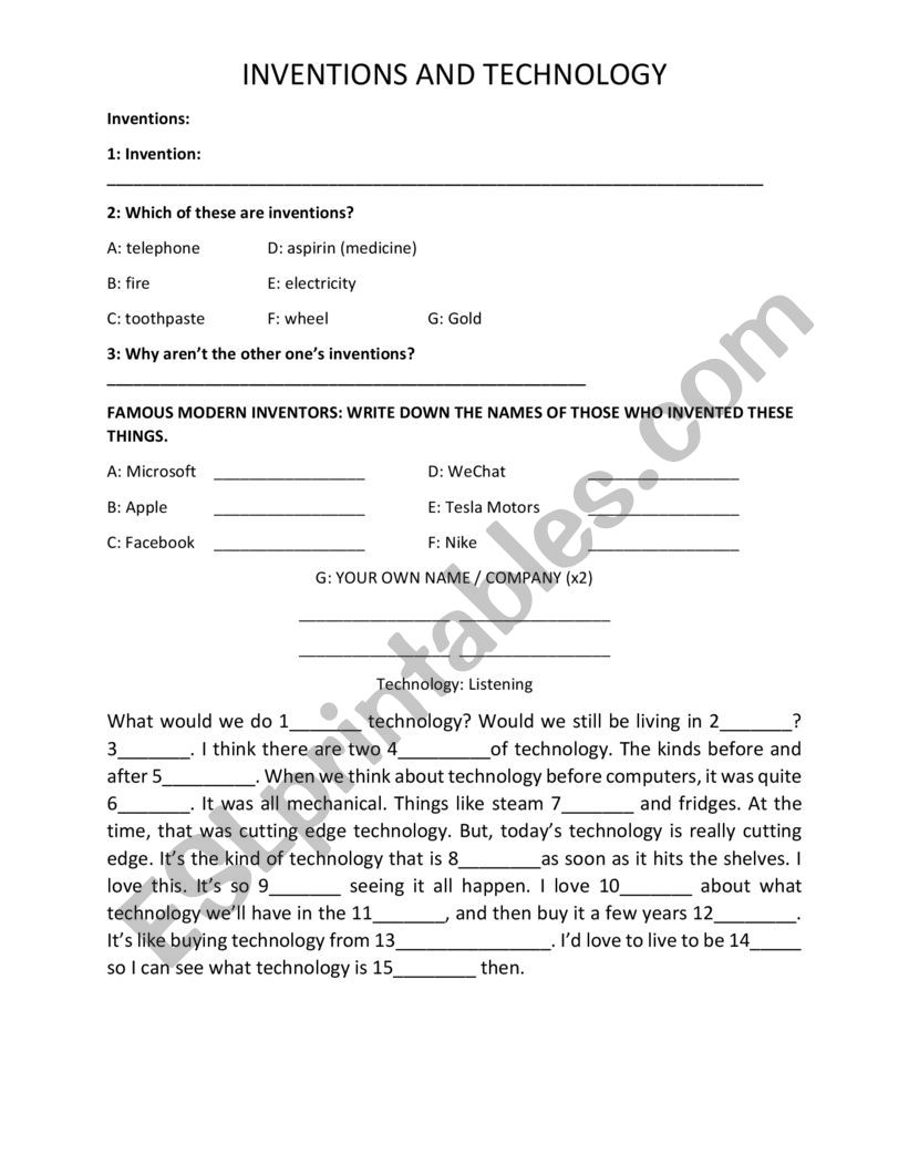 Inventions And Technology HD worksheet