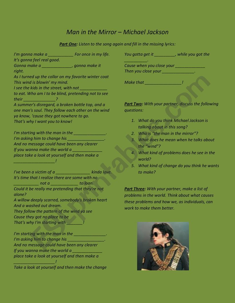 Michael Jackson worksheet