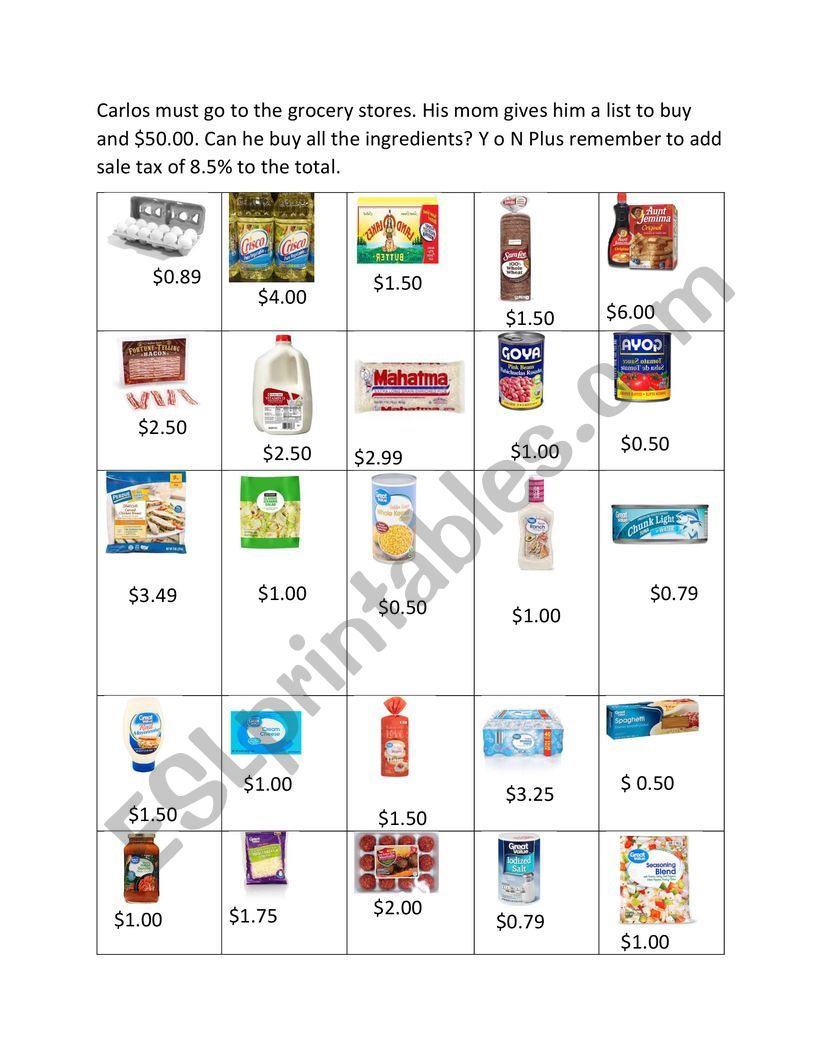 Going To The Grocery Store Math ESL Worksheet By Teacher112281