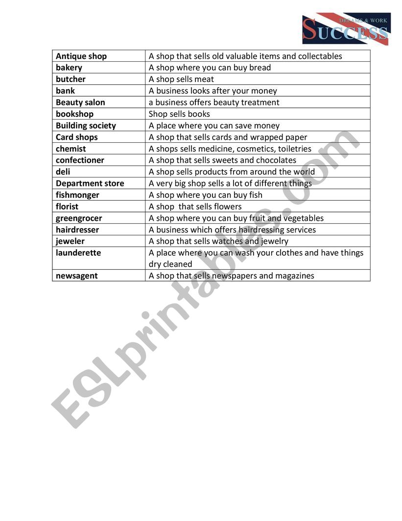 Vovabulary shops worksheet