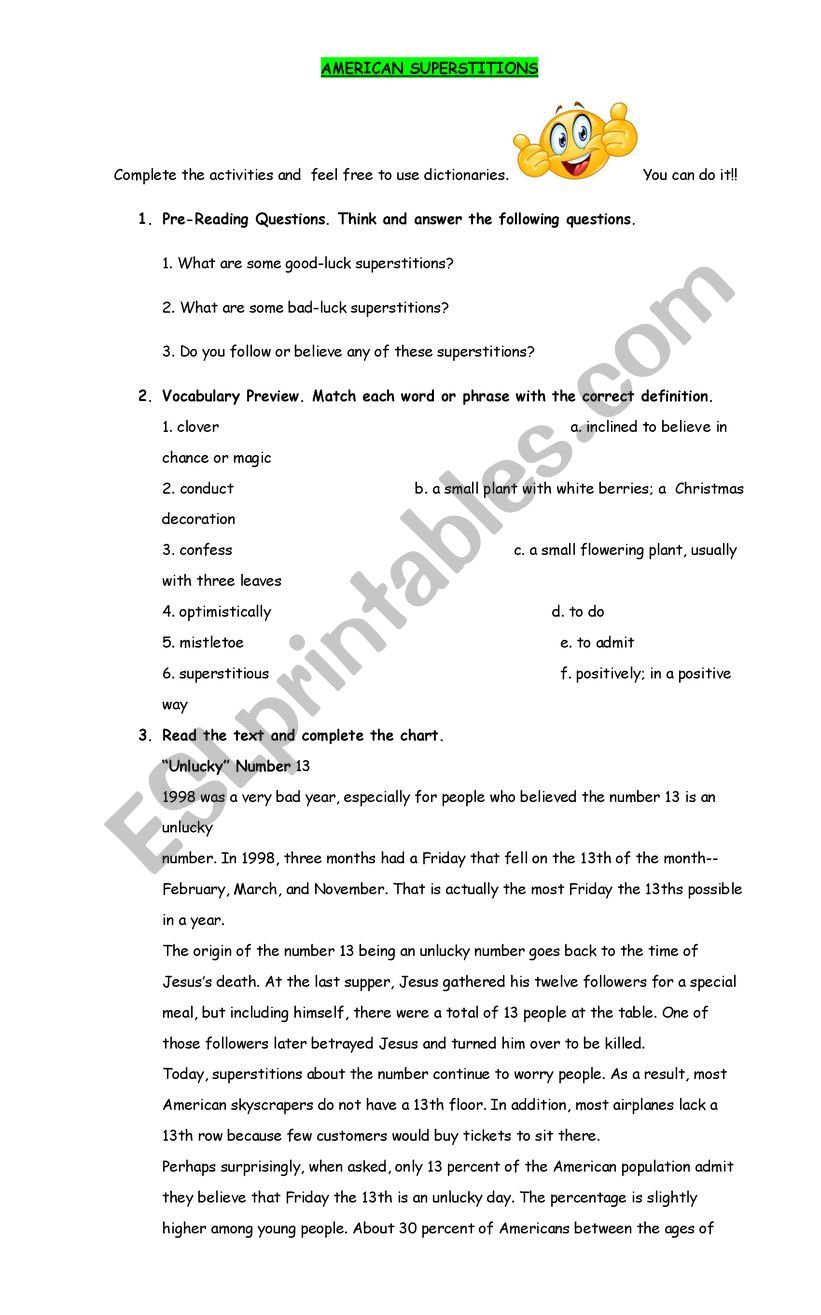 American superstitions worksheet