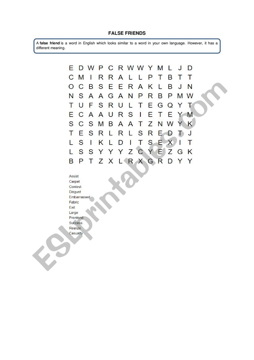 False friends wordsearch worksheet