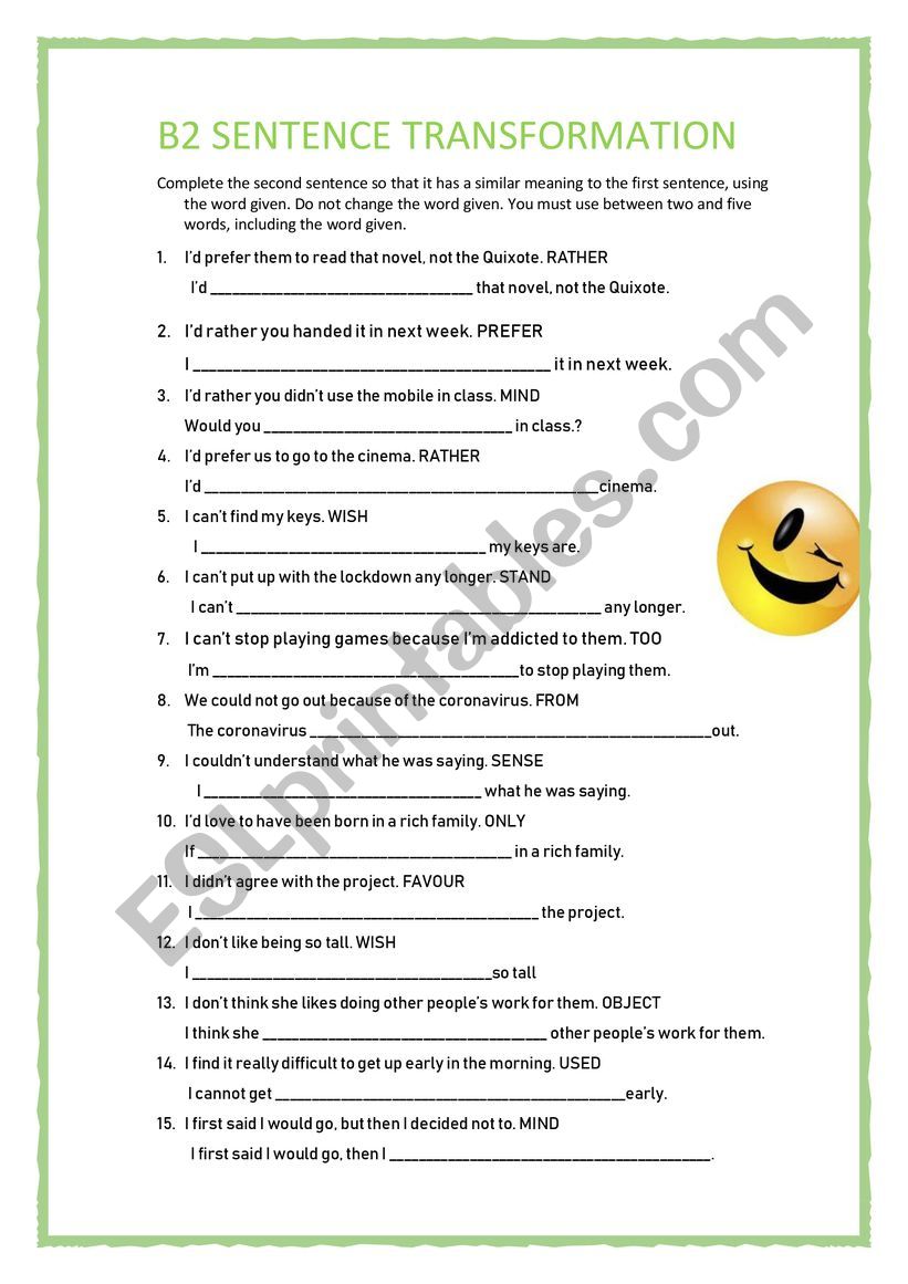 B Sentence Transformation Esl Worksheet By Marianzz