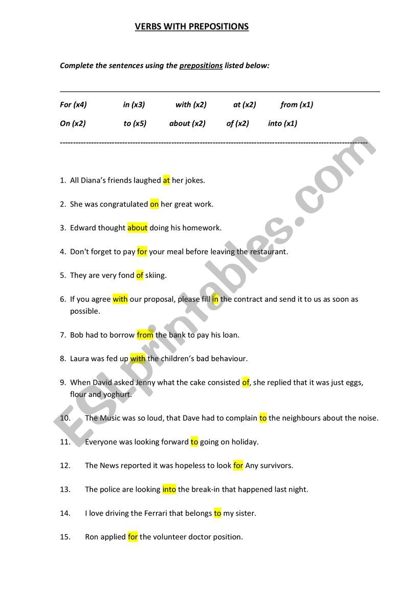 Verbs with Prepositions worksheet