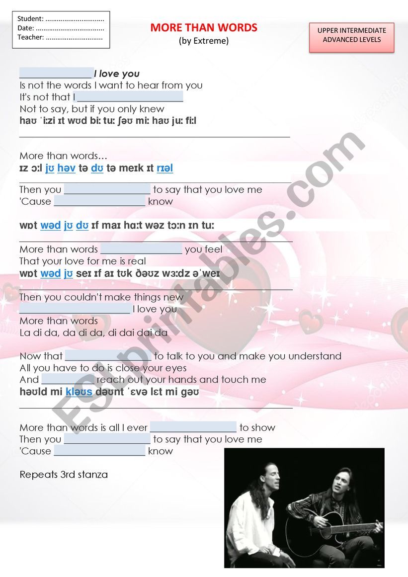 More than words song activity worksheet