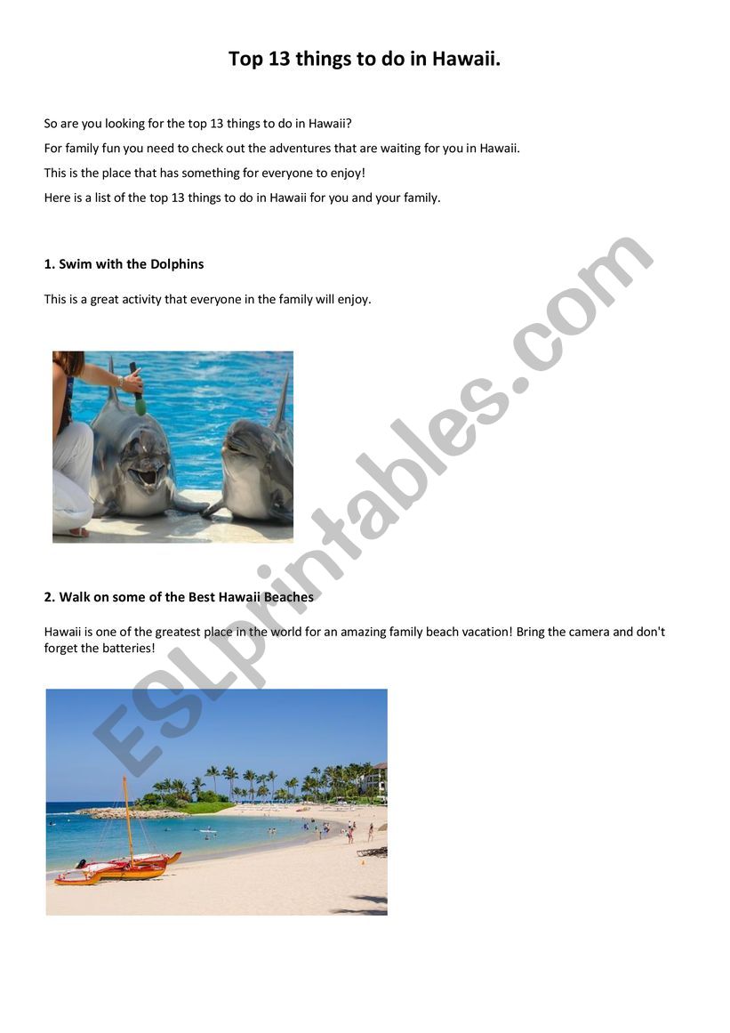 Top 13 things to do in Hawaii worksheet