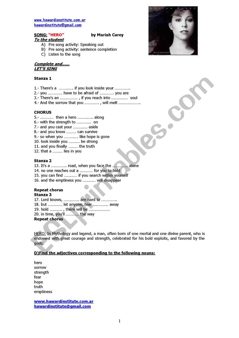 Song Worksheet - Foo Fighters, My Hero - ESL worksheet by LauraEBell