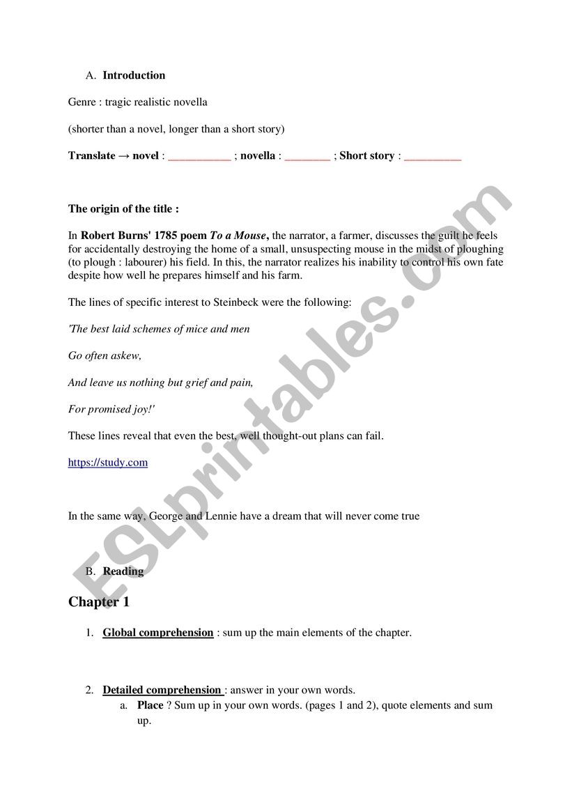 Of Mice and men Introduction worksheet