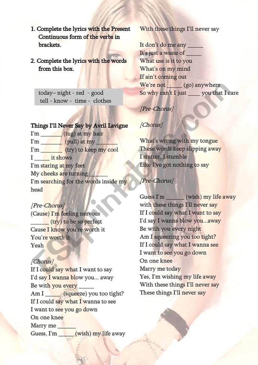 Avril Lavigne - Things Ill never say Song Worksheet