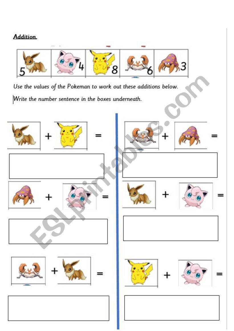 Pokeman Addition worksheet