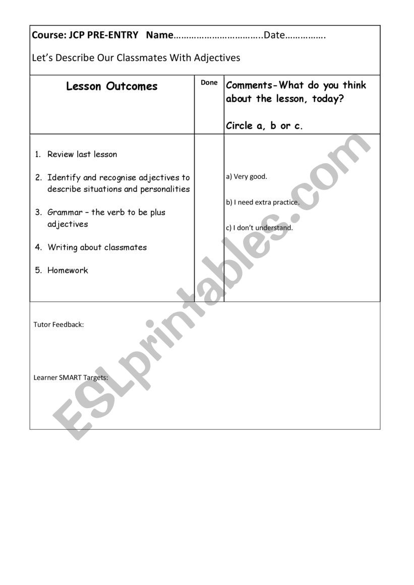 pre entry adjectives workbook esl worksheet by sarahashpack