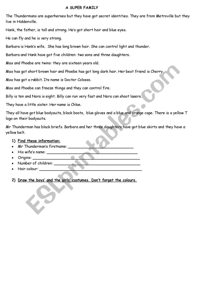 A superhero family worksheet