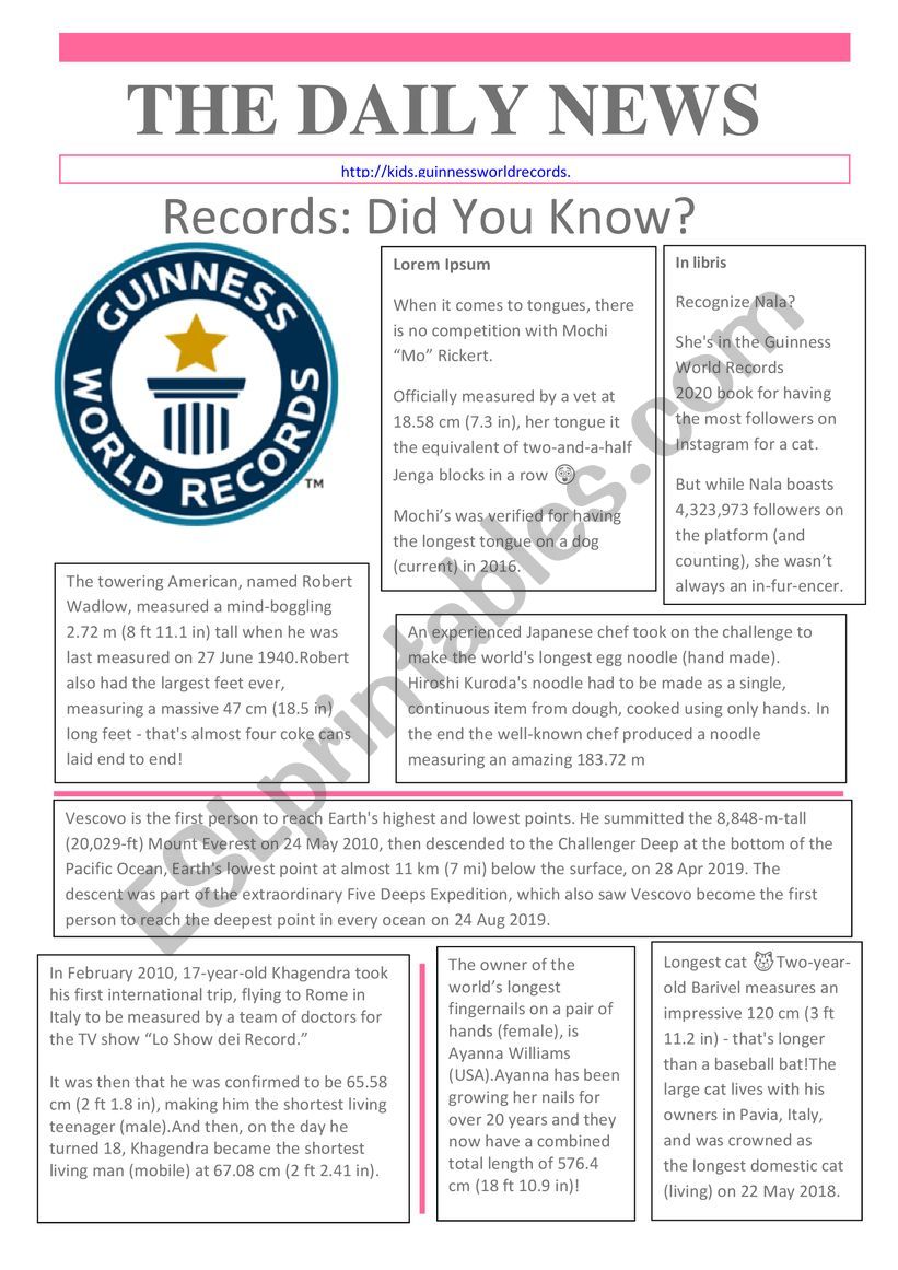 Guinness Records Newspaper worksheet