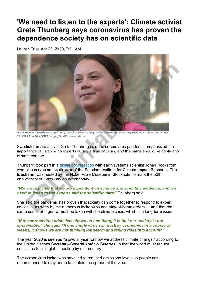 Greta Thunberg Speech worksheet