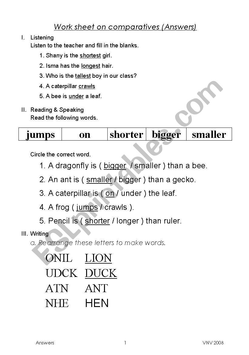 Bigger smaller answers worksheet