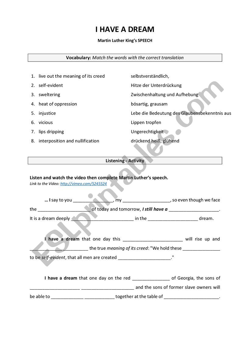 Martin Luther King Speech worksheet