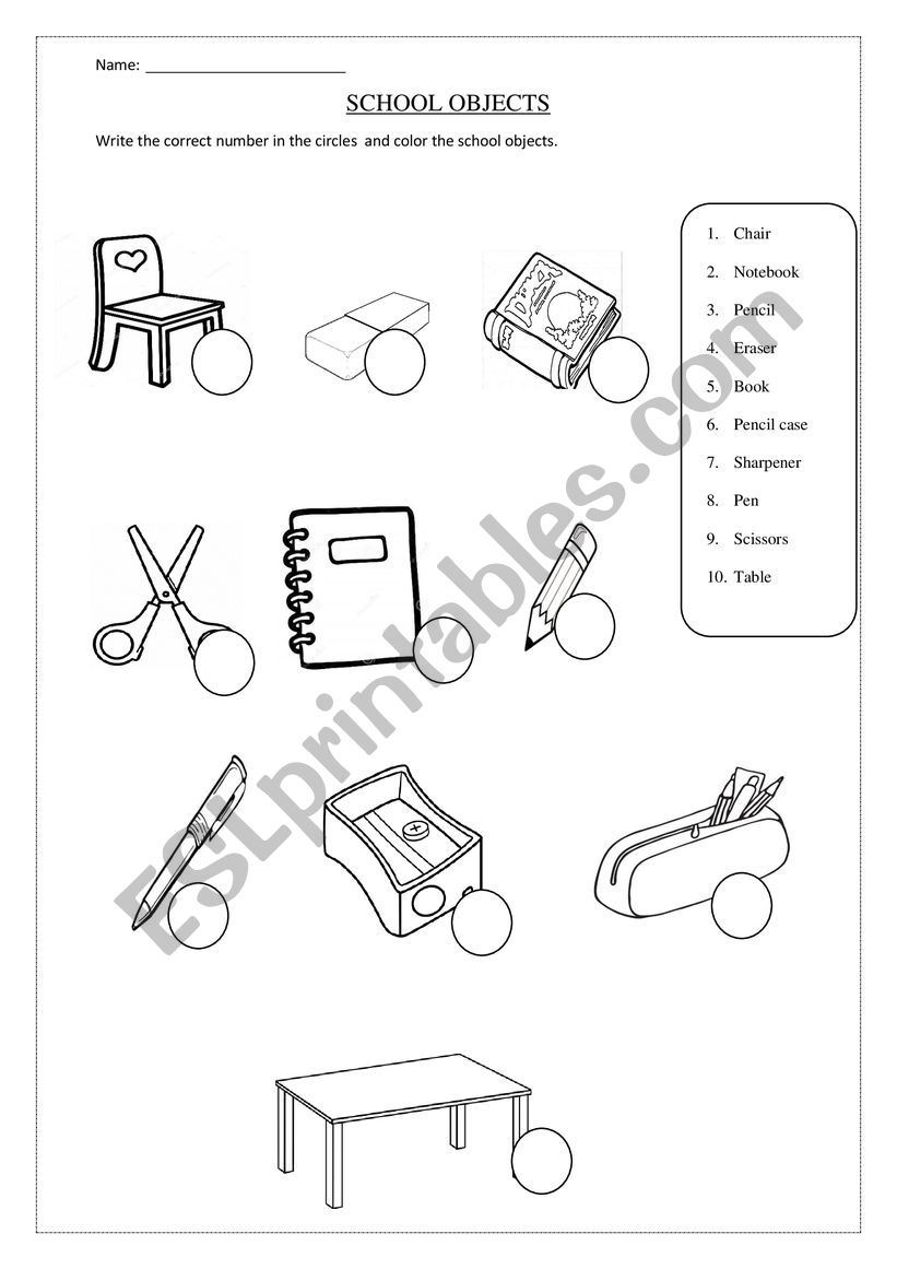 School objects  worksheet