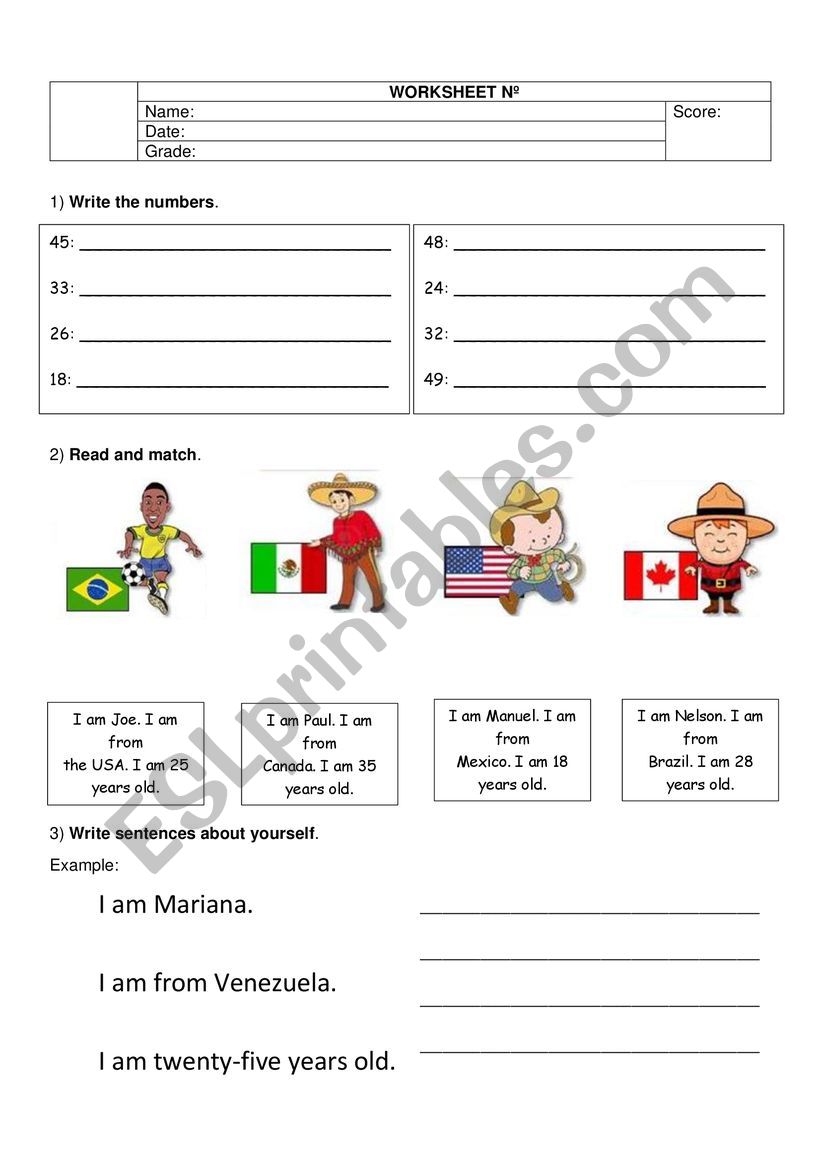 Countries, ages and numbers worksheet