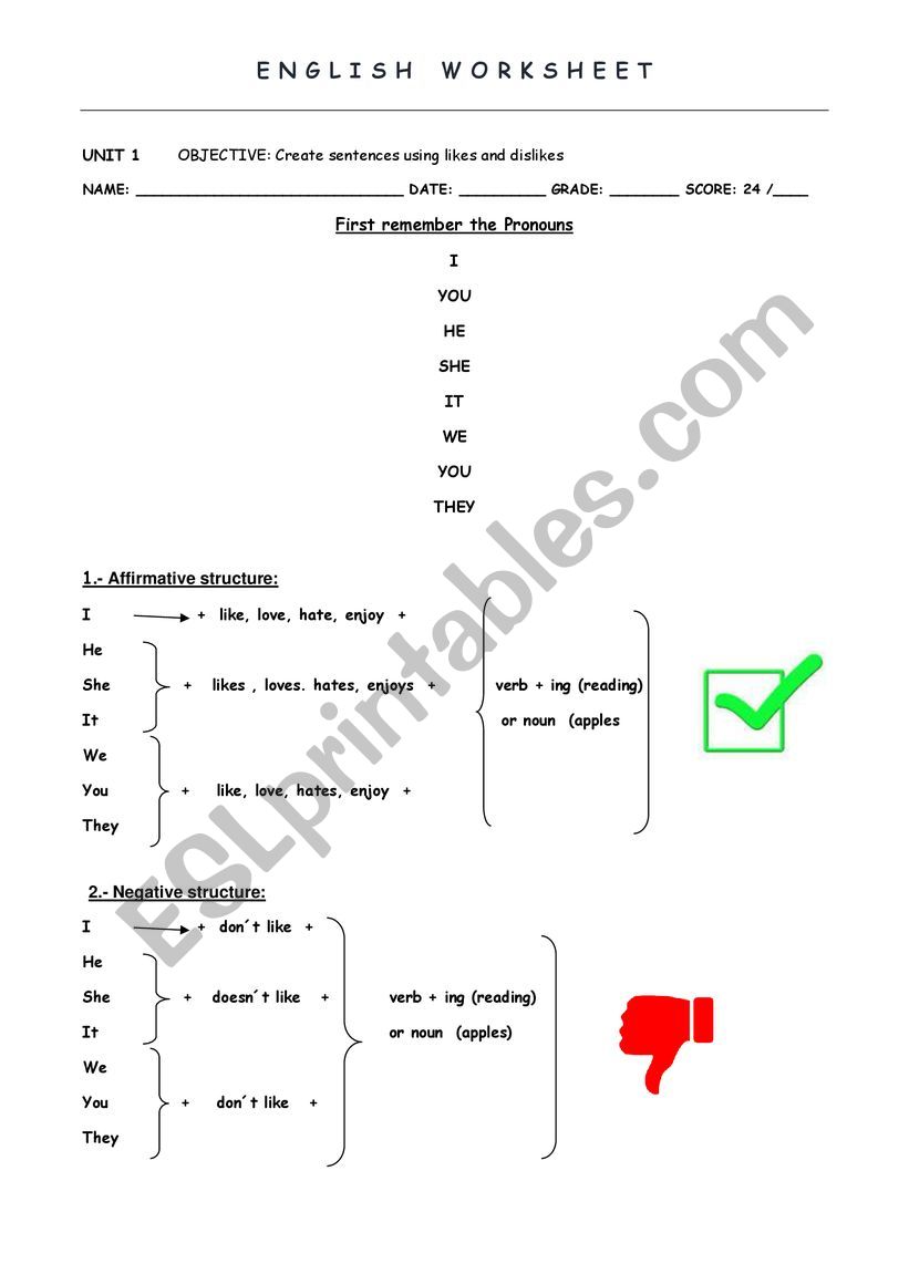 likes and dislikes  worksheet