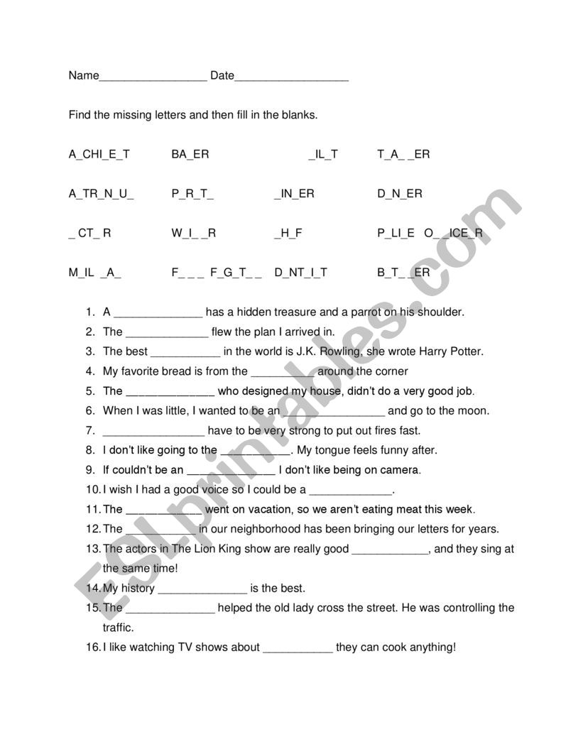 Spelling JOBS worksheet