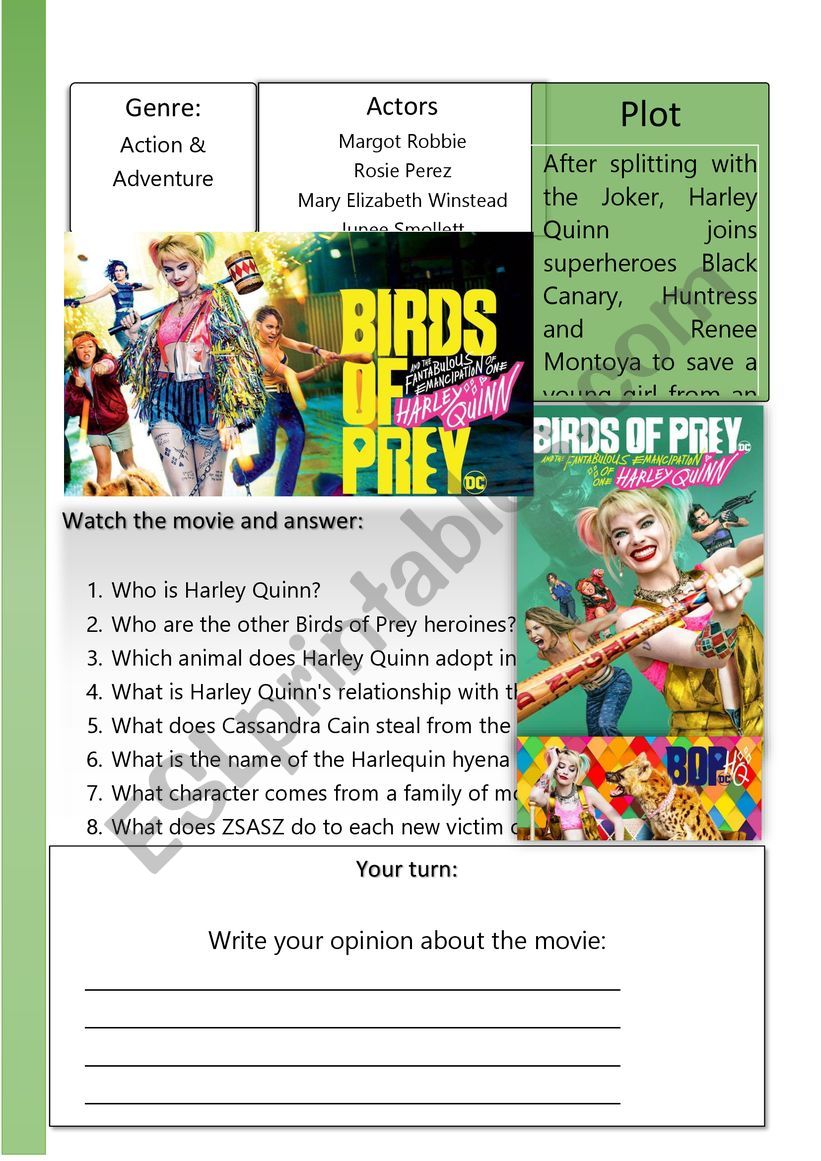 Harley Queen movie activity worksheet