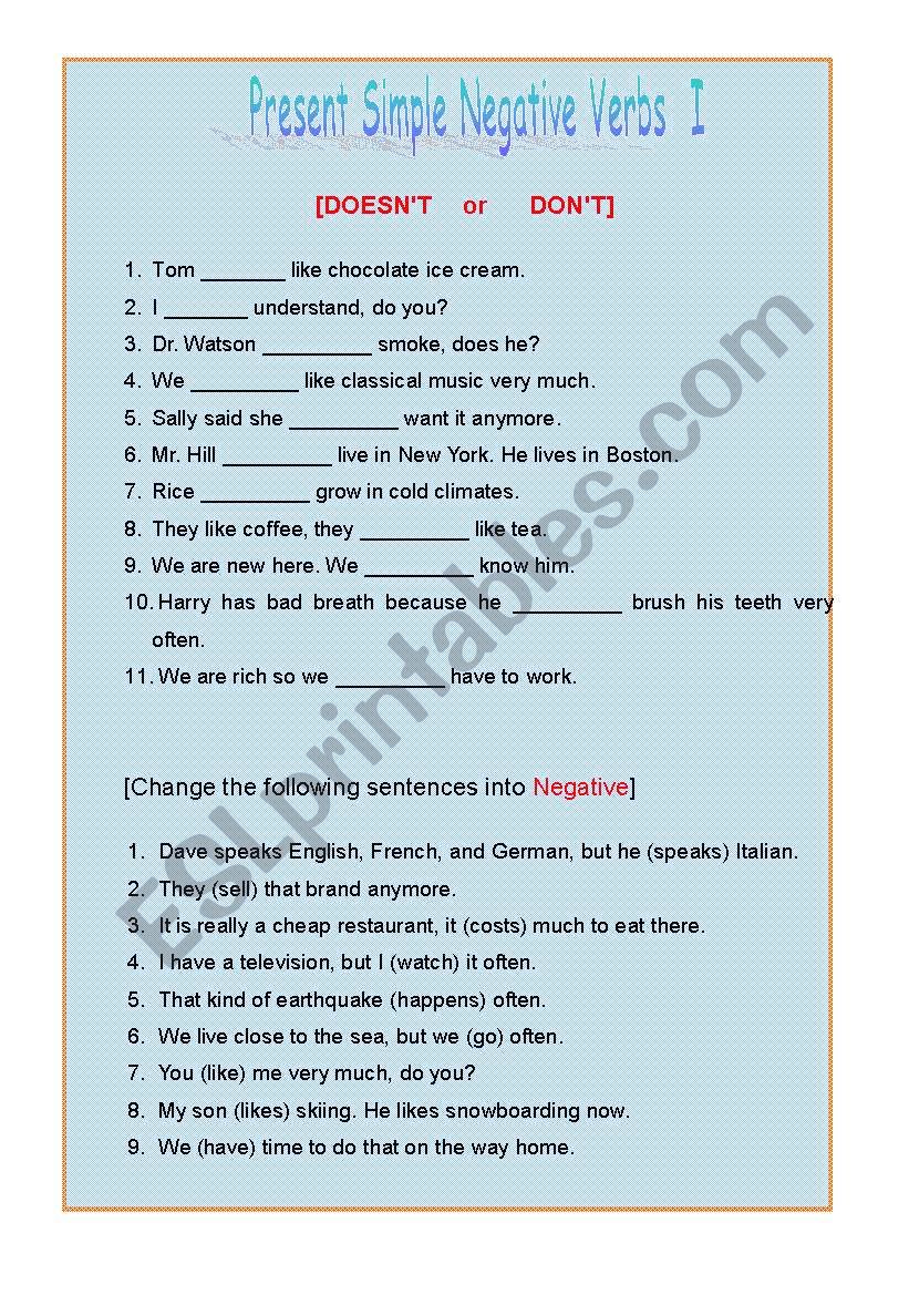 Present Simple Negative worksheet