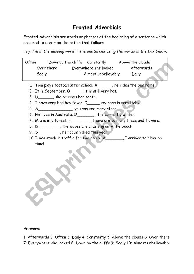 Fronted Adverbials - fill in missing word/phrase in sentence 