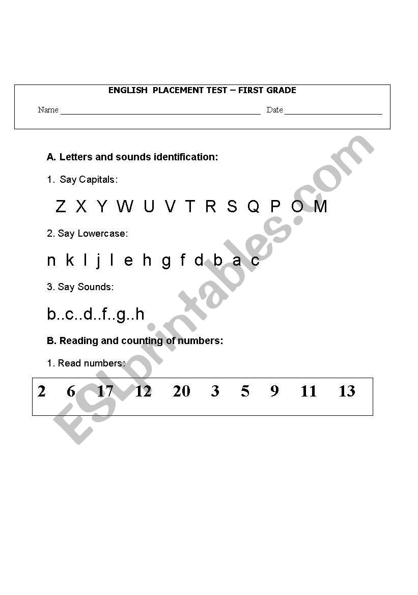 1st Grade Placement Exam worksheet