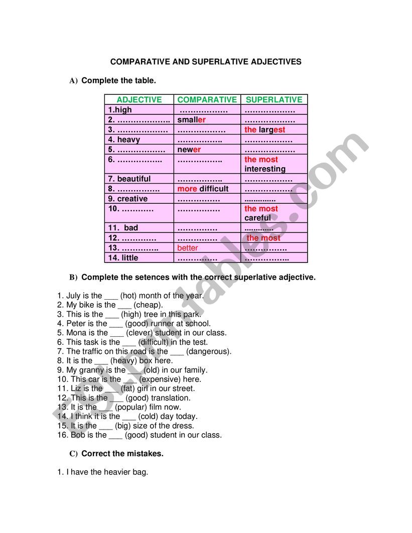 SUPERLATIVES worksheet