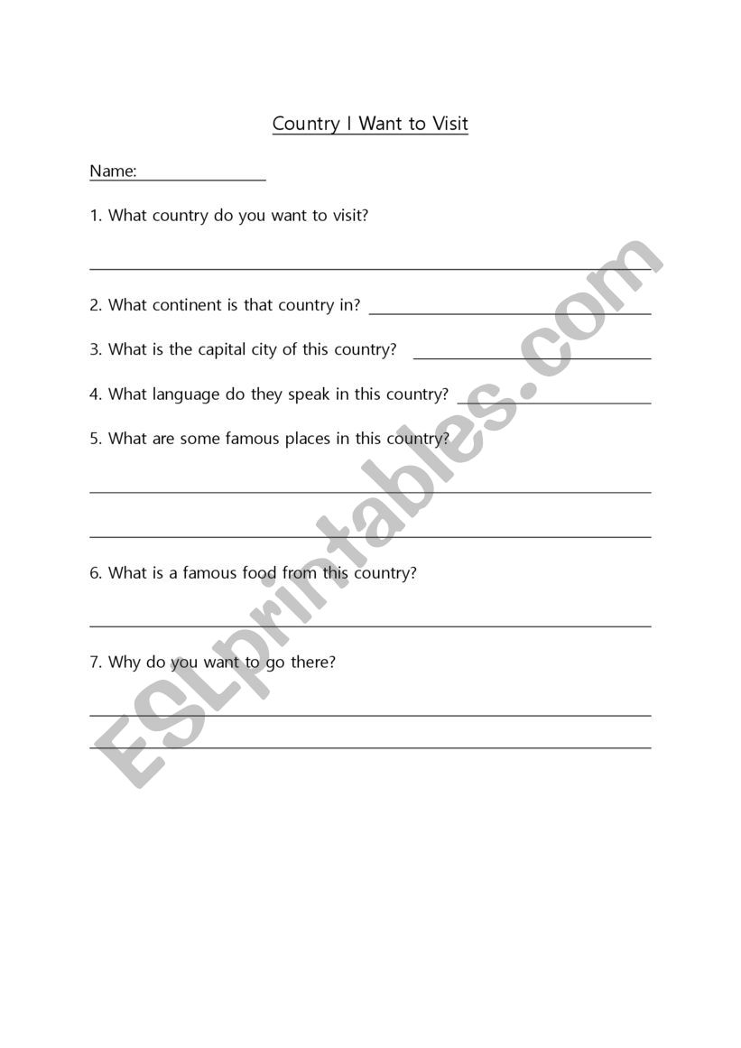Writing about a country worksheet