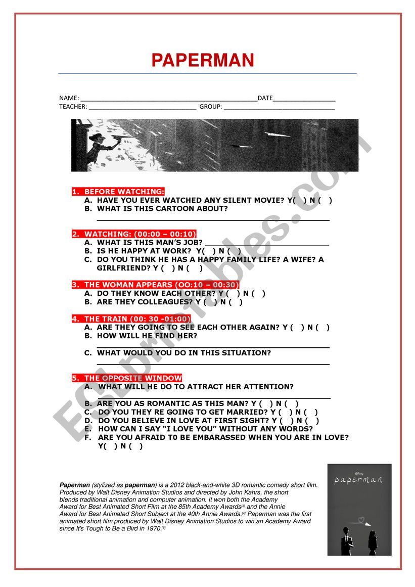 Paperman Video Activity worksheet