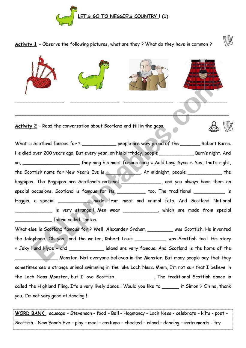 Lets go to Nessies country!  worksheet
