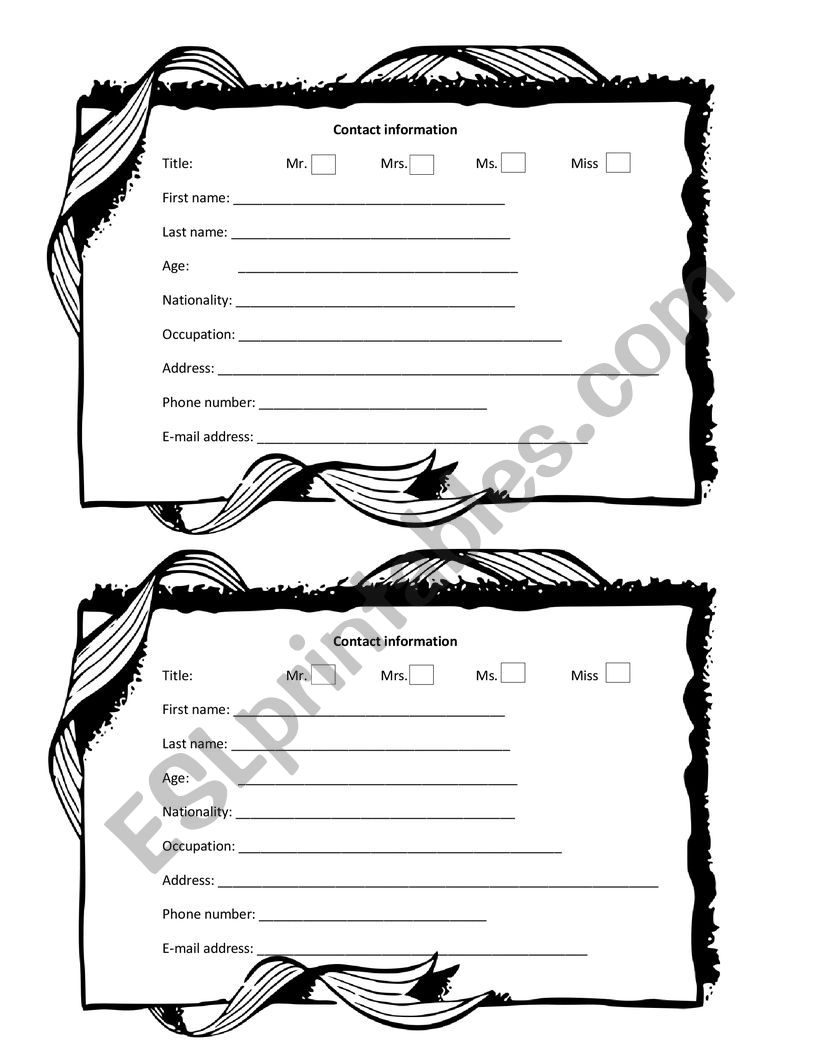 Personal information form worksheet