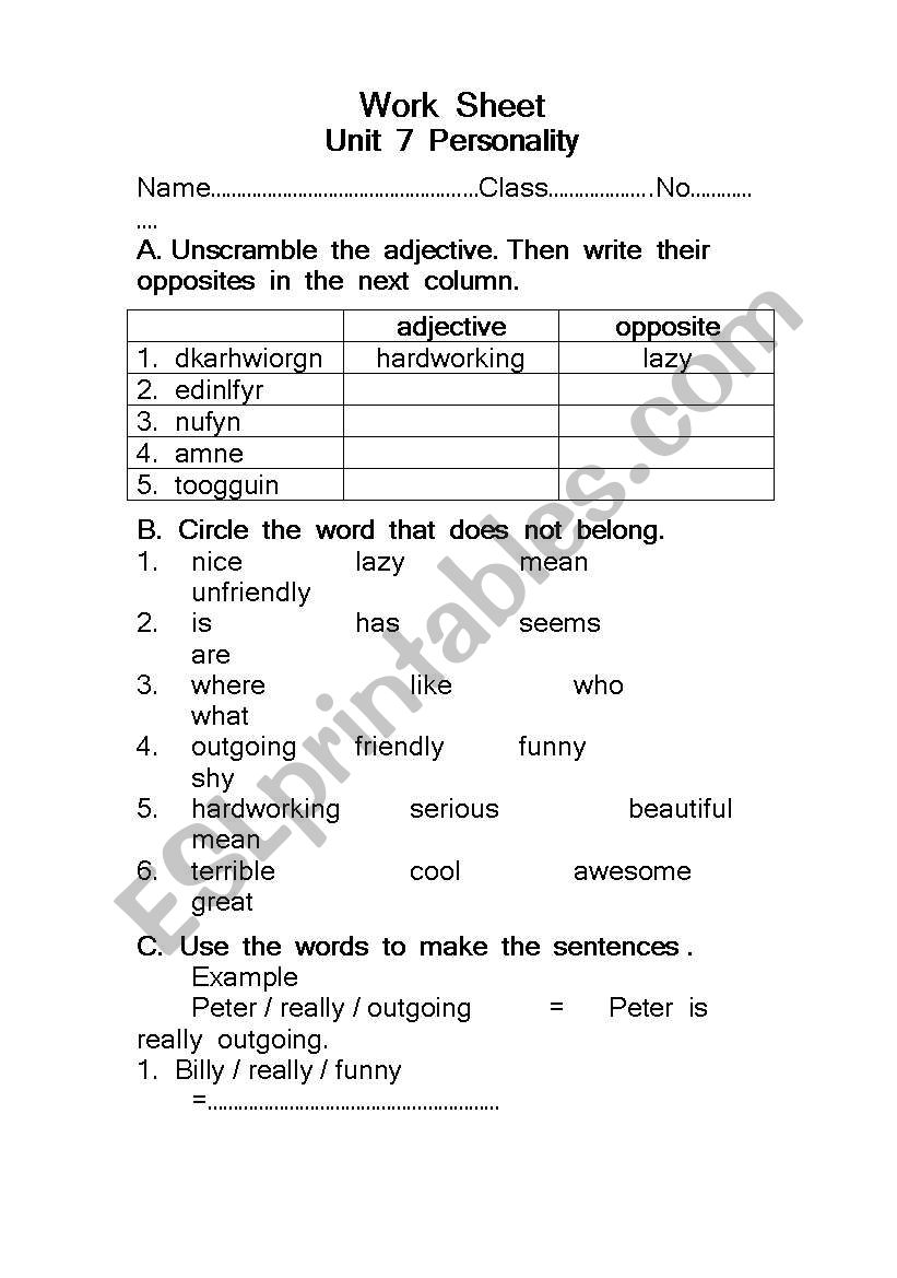 personality worksheet