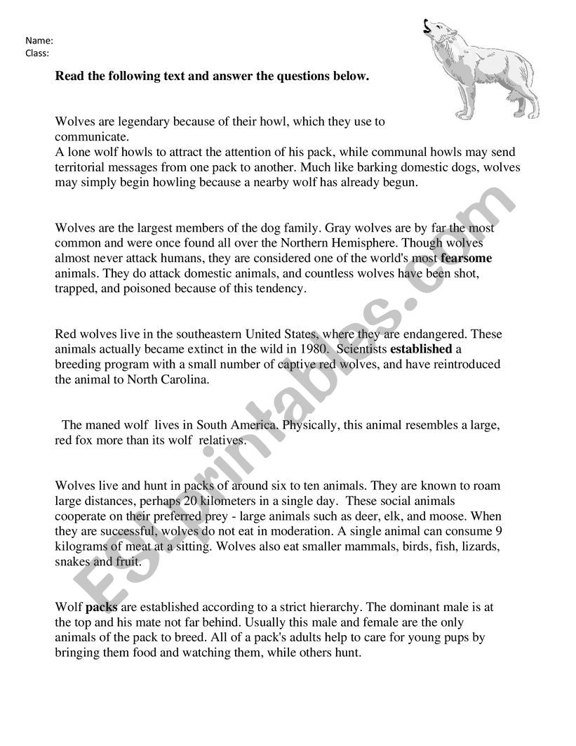 Wolves text comprehension worksheet