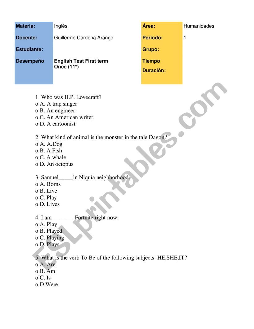 English test  worksheet