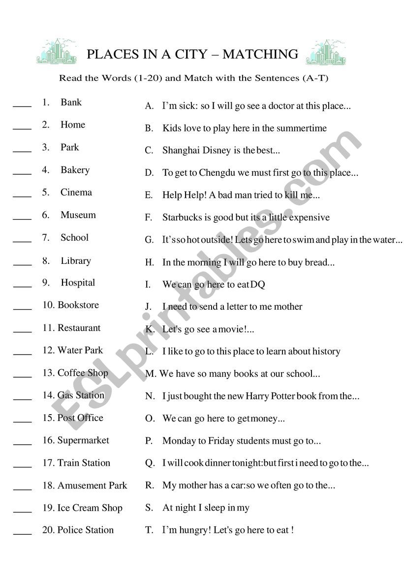 Local Places Matching Worksheet 