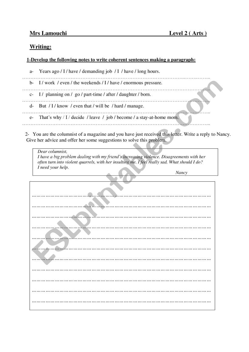 Writing tasks level 2 worksheet