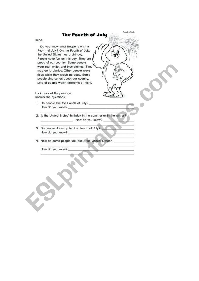  4th July story worksheet