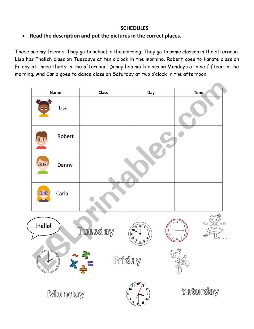 Schedules-School subjects worksheet