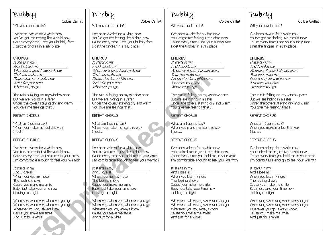 Bubbly (by Colbie Caillat)  worksheet