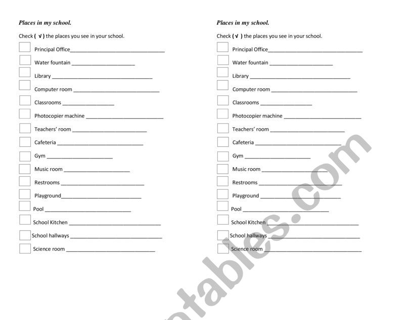places in the school worksheet