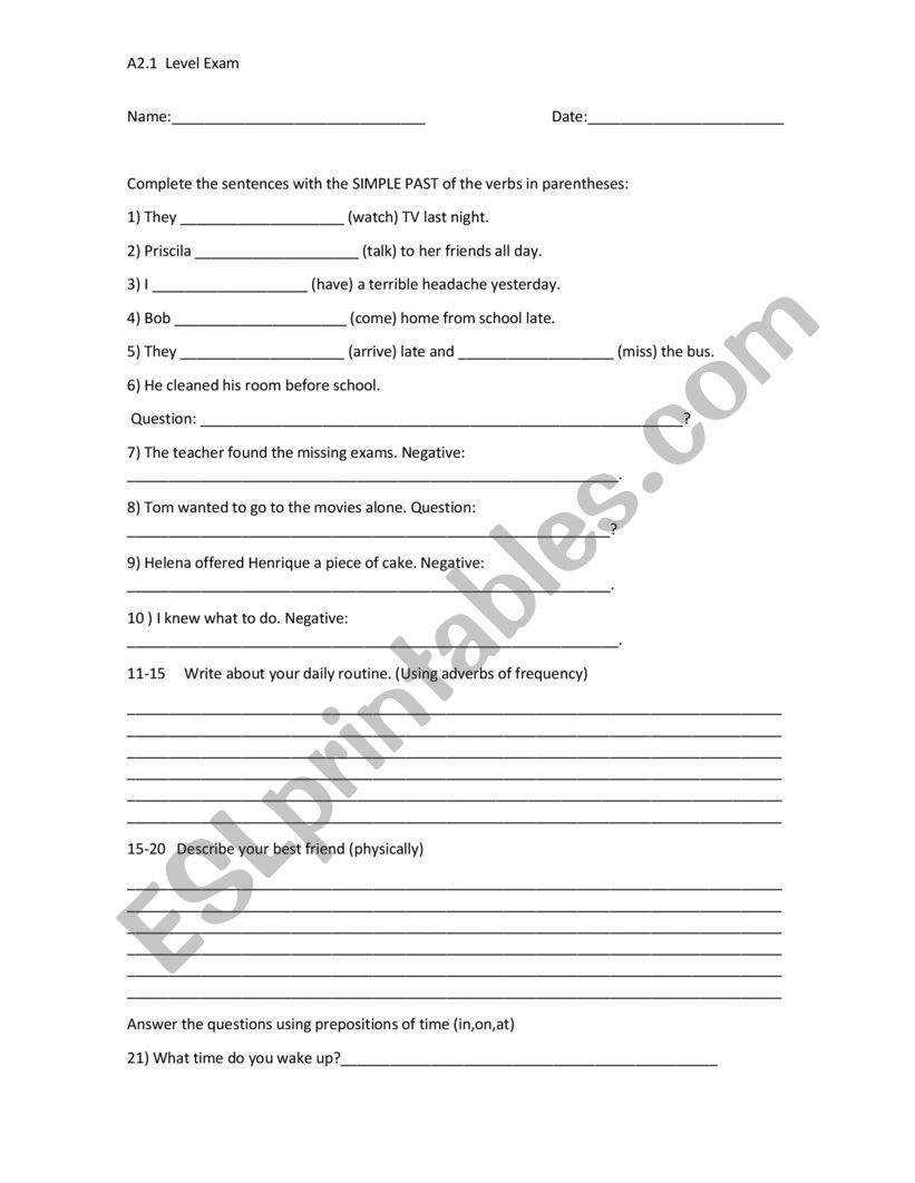 Level Exam worksheet