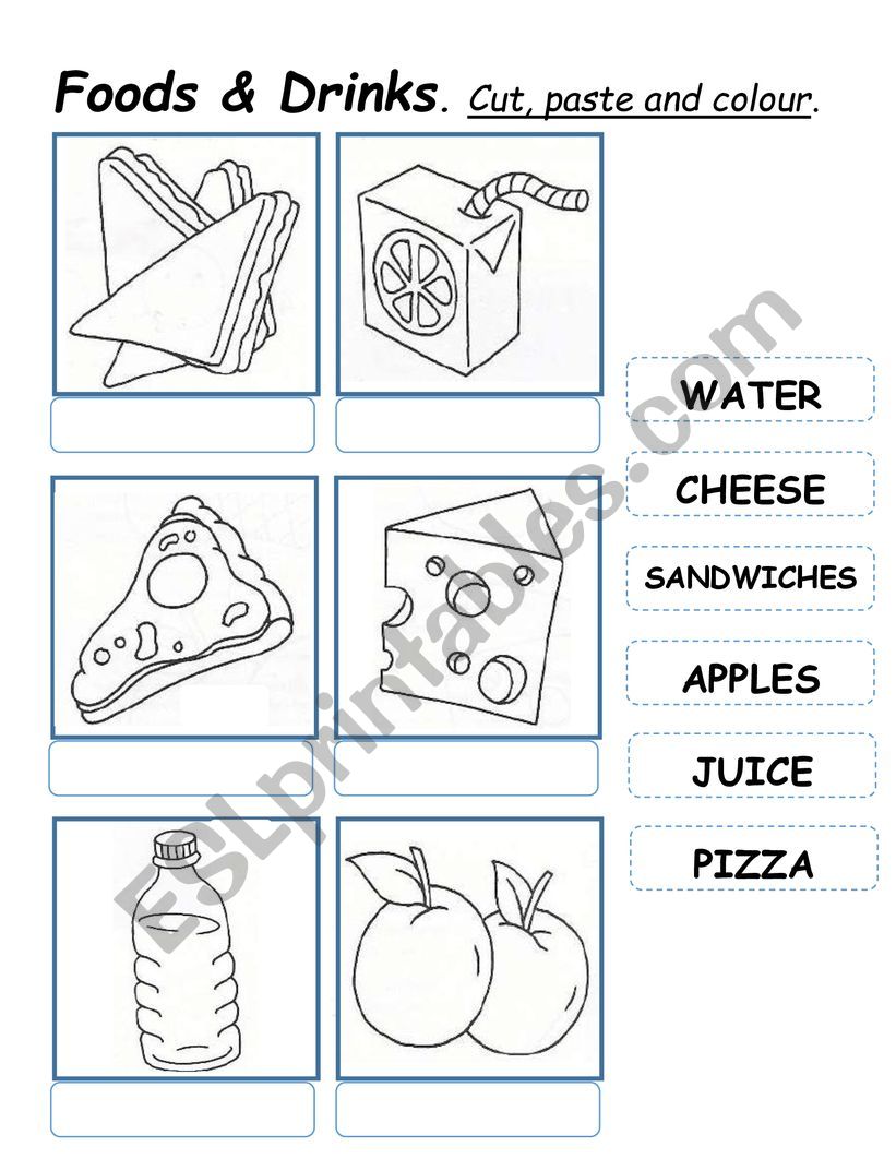 food and drinks cut paste and then colour esl worksheet by teachersil27